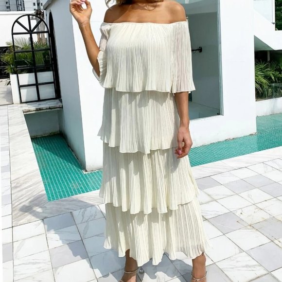 . Dresses & Skirts - Chiffon Pleated Flounce Bardot Dress
